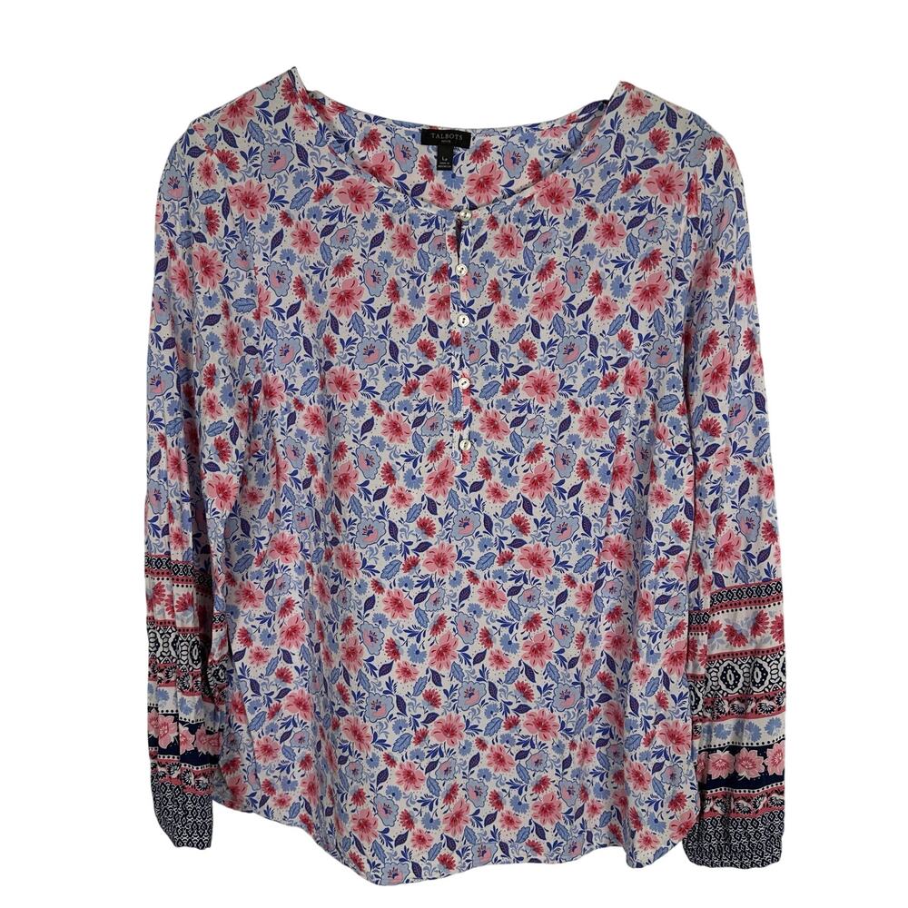 Talbots Henley Botanical Floral Popover Top Large Petite Blue Pink Non-Stretch